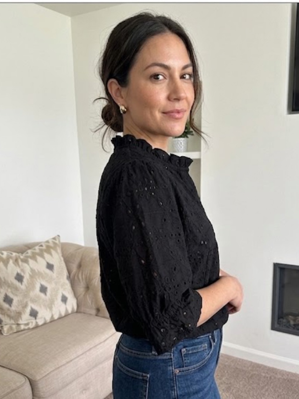 dylan Black Eyelet Ruffled Collar Blouse